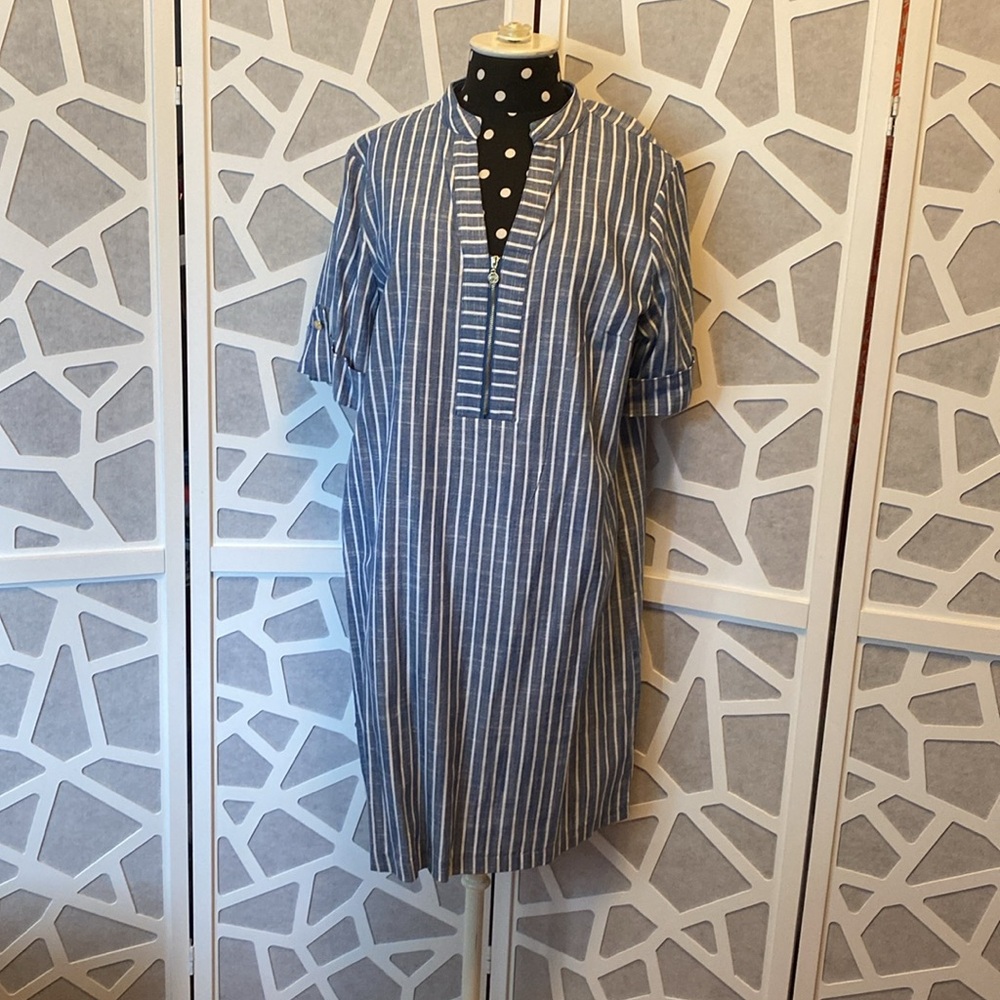 Anne Klein; Linen-like Midi Dress; Blue & White vertical stripes; size 12
